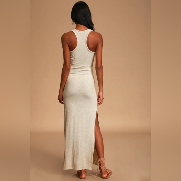 Lulus Relaxed but Not Least Beige Ribbed Sleeveless Maxi Dress Size XS - Picture 3 of 6